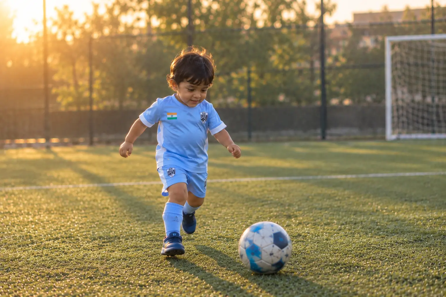 Indian toddler running towards football on golden hour turf